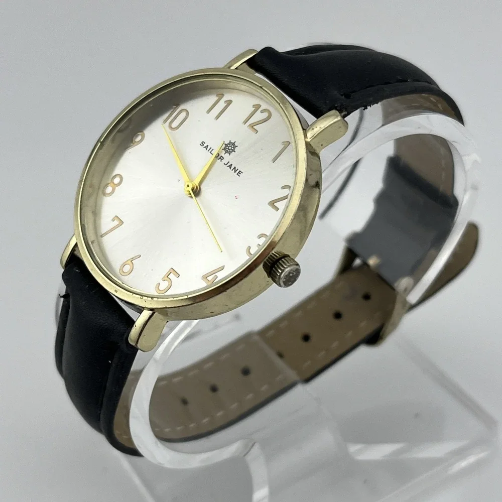 Sailor Jane Watch Women 36mm Gold Case Black Faux Leather Band- New Battery